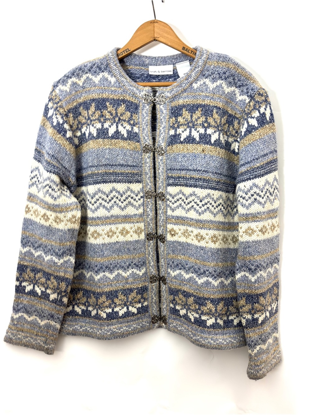 Nordic Fair isle Cardigan Winter Sweater Blue/Cream Frog Closure Medium